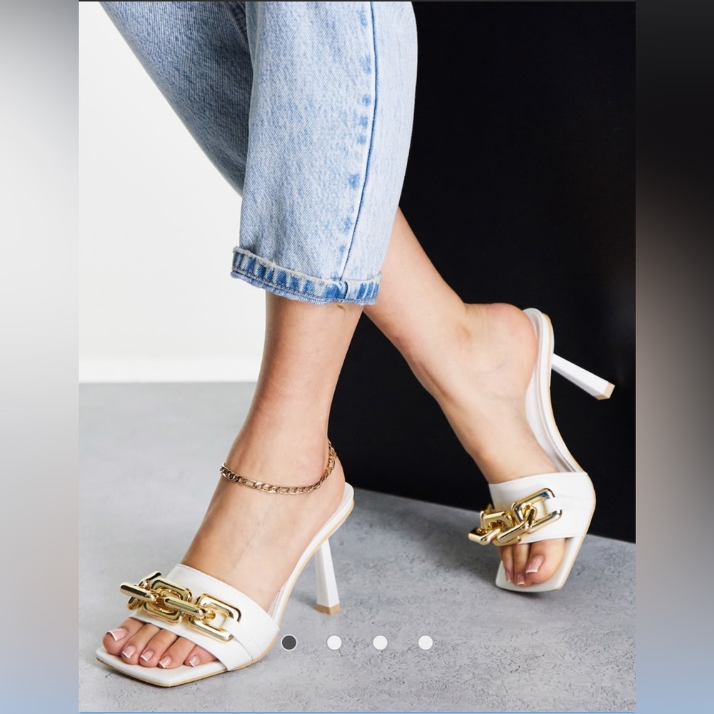 Cape Robbon ASOS Square Toe Slip On White Heeled Sandals with Gold Chain Accents